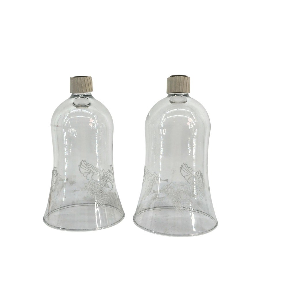 Set of 2 Etched Angel Glass Hurricane Candle Chimney Shades Trumpet Angel Peg